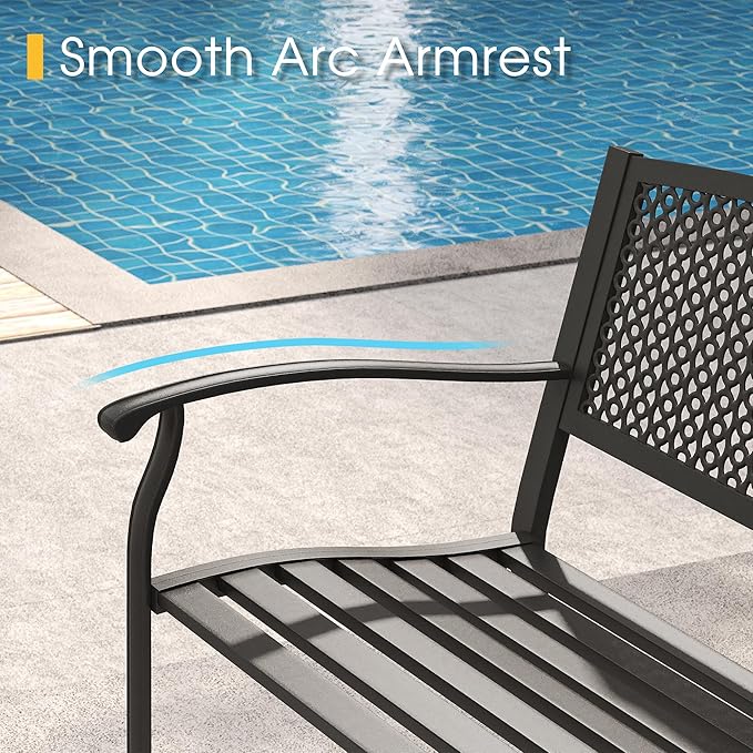VICLLAX Outdoor Garden Bench, 50” Long Metal Patio Bench with Backrest and Armrests, Modern Slatted Black Park Bench for Front Porch, Lawn, Yard, Garden, Round Pattern Back