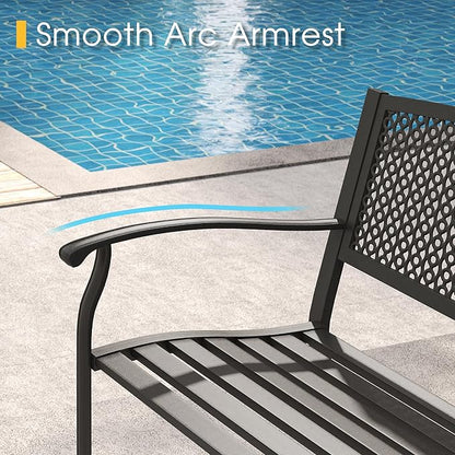 VICLLAX Outdoor Garden Bench, 50” Long Metal Patio Bench with Backrest and Armrests, Modern Slatted Black Park Bench for Front Porch, Lawn, Yard, Garden, Round Pattern Back