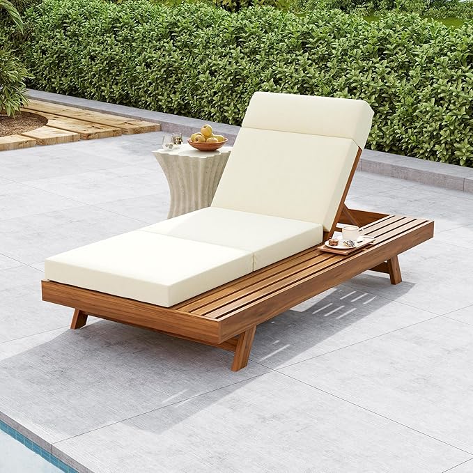 Acacia Wood Chaise Lounge Set with 3-Fold 4" Water-Resistant Cushion & Headrest, 4-Position Adjustable Backrest Recliner - Photo 1
