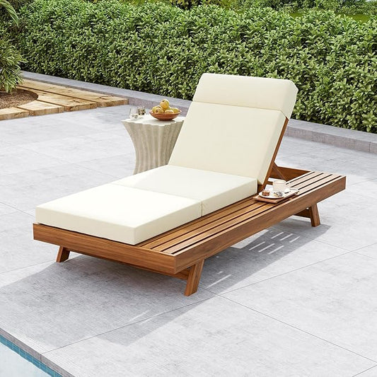 Merax Chaise Lounge Chair Set with Adjustable Backrest & Flat Storage Surface, 2/3 Foldable Acacia Wood Patio Recliner with 4" Thick Four-fold Cushion