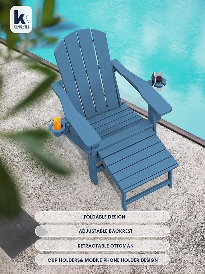 KINGYES Folding Adjustable Adirondack Chair with Ottoman & 2 Cup Holders Set of 4 - Photo 5