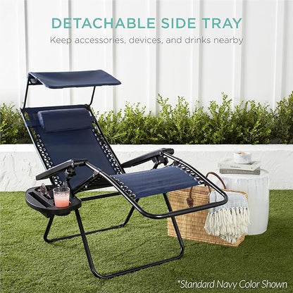 Best Choice Products 30” Wide Folding Zero Gravity Outdoor Recliner Patio Lounge Chair w/Adjustable Canopy Shade, Headrest, Side Accessory Tray - Cobalt Blue