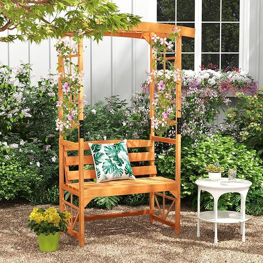 6.25ft Garden Arbor with Bench, Wooden Arch w/Side Trellis for Climbing Plants & Vines, 2-Person Outdoor Seating, Country Botanicals Decoration for Backyard, Deck, Patio