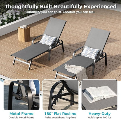 Outdoor Lounge Chair, Adjustable Patio Reclining Chaise with Textilene Fabric, Pool Lounge Chair with 5-Position Backrest for Patio, Garden, Poolside & Balcony,Grey Set of 8