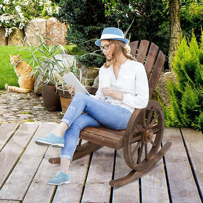 AMNOOL Outdoor Wooden Rocking Chair with Slatted Design and Extra Large Backrest Outdoor Rocking Chair with Wagon Wheel Armrest for Porch, Patio, Poolside, Balcony, Relaxing Gift for Parents, Brown
