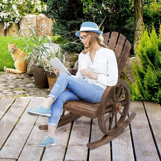 AMNOOL Outdoor Wooden Rocking Chair with Slatted Design and Extra Large Backrest Outdoor Rocking Chair with Wagon Wheel Armrest for Porch, Patio, Poolside, Balcony, Relaxing Gift for Parents, Brown