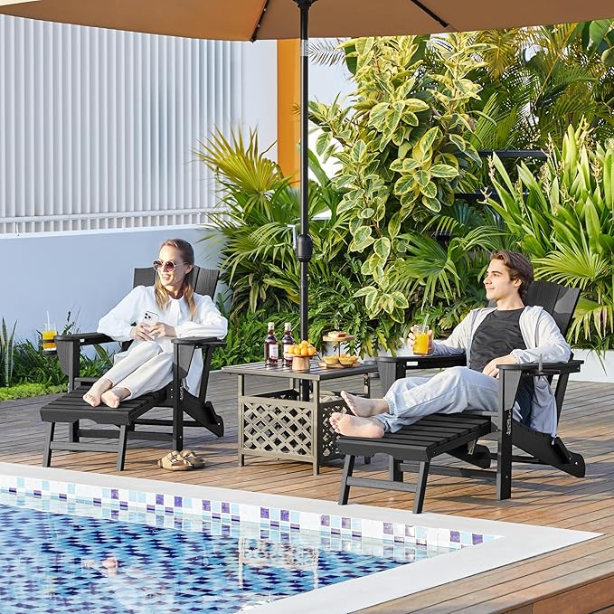 Yaheetech Adirondack Chair with Retractable Ottoman, All Weather Patio Folding Fire Pit Chair with Cup Holder and Phone Holder for Outdoor Poolside, Black, 4 pcs