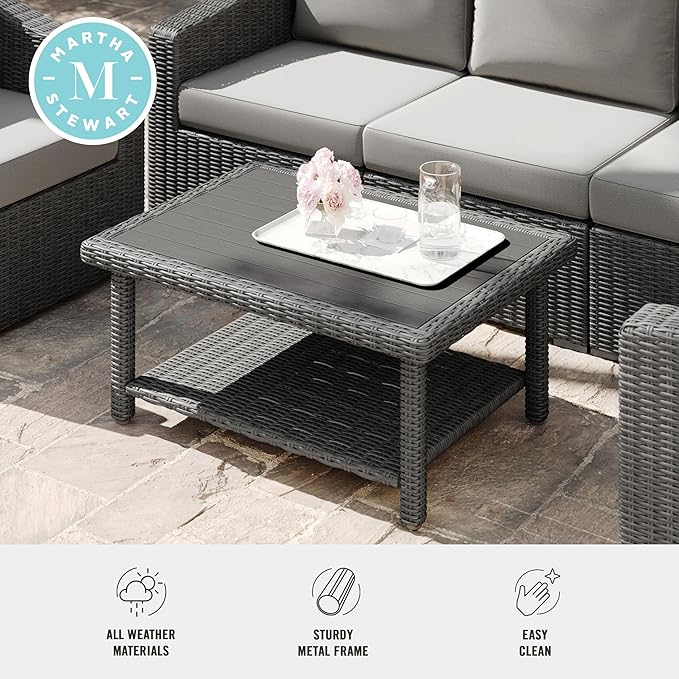 Martha Stewart Bedford Indoor-Outdoor Patio Coffee Table with Lower Shelf, Faux Wood Top - Photo 5