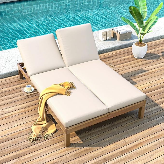Outdoor Double Chaise Lounge with 5-Position Adjustable Backrest, Cushion and Folding Side Trays - Photo 1