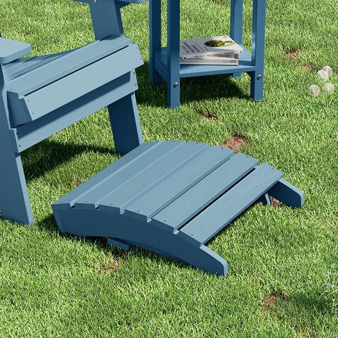 MXIMU Folding Adirondack Ottoman Set of 2: HIPS Plastic Outdoor Footrest Easy Assembly - All Weather Foot Rest Foot Stool for Adirondack Chair Use in Patio Garden Backyard Pool (Blue)