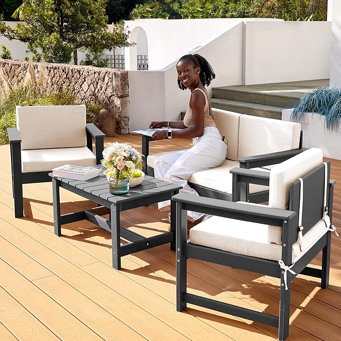 SERWALL 3 Pieces HDPE Outdoor Sofa Bistro Set with Cushions, Outdoor Furniture Sofa Sets with Coffee Table and Cushions - Photo 6