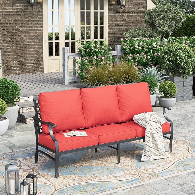 HERA'S HOUSE Patio Furniture Sofa, All-Weather Outdoor 3 Seats Couch, Outdoor Patio Couch with Deep Seating and Olefin Cushions for Lawn Garden Backyard, Red