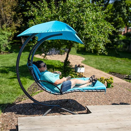 Sunnydaze Floating Chaise Lounger Swing Chair with Umbrella Canopy - Curved Steel Hammock Lounge Chair with Cushion and Pillow - Removable Cushion and Umbrella Shade - 82-Inch Tall - Teal