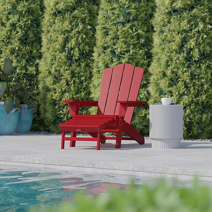Flash Furniture Newport Poly Resin Adirondack Chair with Cup Holder and Pull Out Ottoman, All-Weather Poly Resin Indoor/Outdoor Lounge Chair, Red