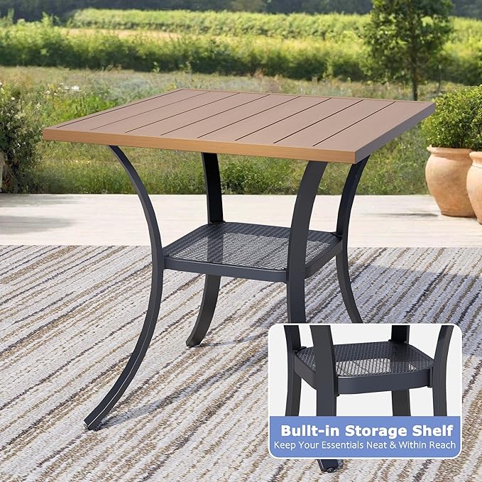 27.6" Square Outdoor Patio Table, All-Weather Metal Patio Table with Storage Shelf,Outdoor Dining Table for Lawn Garden Porch, Walnut