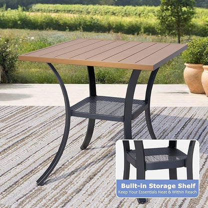 27.6" Square Outdoor Patio Table, All-Weather Metal Patio Table with Storage Shelf,Outdoor Dining Table for Lawn Garden Porch, Walnut