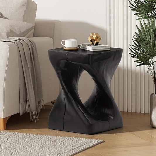 Patio Side Table Outdoor Faux Wood End Table Square Small Coffee Table Outdoor Accent Tables Garden Stool Plant Stand for Porch, Backyard Black