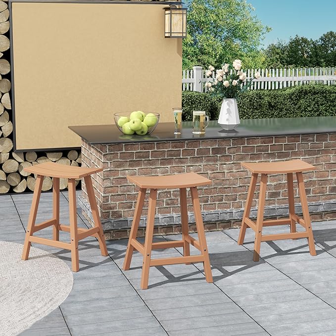 Costaelm All-Weather Bar Stools Set of 3, 24" Height Outdoor Bar Stools, Adirondack Poly Patio Bar Stool for Patio, Deck, Kitchen Counter and Garden, Teak