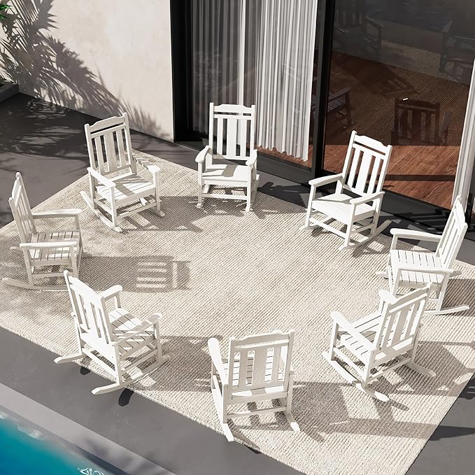 SERWALL HDPE Outdoor Rocking Chair White Set of 8, All Weather Patio Rocking Chair, Poly Rocking Chair for Adults