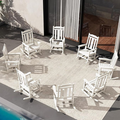 SERWALL HDPE Outdoor Rocking Chair White Set of 8, All Weather Patio Rocking Chair, Poly Rocking Chair for Adults