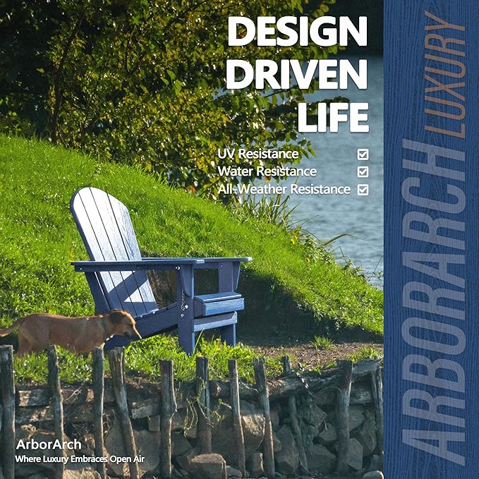 Outdoor Folding Adirondack Chair Set of 1 for Patio Fire Pit, Wooden Textured HDPE Adjustable Chairs with Cup Holder, Waterproof All Weather Resistant Plastic for Pool Lawn Garden Backyard(NavyBlue)