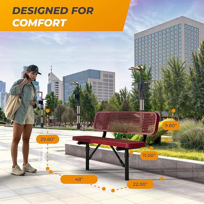 Heavy-Duty Outdoor Metal Bench, Thermoplastic-Coated, Inground, Weatherproof, Commercial-Grade for Parks, Gardens, Patios, Stores & More (4 Ft - Inground with Back, Red)