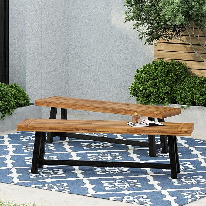 Merax 2-Piece Acacia Wood Outdoor Benches Set, 63" Rustic Patio Bench with Sandblast Teak Finish and H-Stretcher Design, Solid Hardwood Garden Bench for Dining, Porch, Fire Pit, Teak+Black