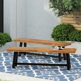 Merax 2-Piece Acacia Wood Outdoor Benches Set, 63" Rustic Patio Bench with Sandblast Teak Finish and H-Stretcher Design - Photo 1
