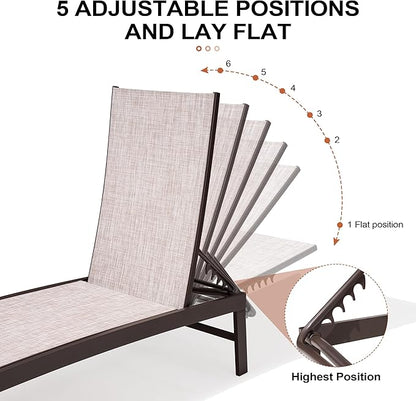 Crestlive Products 2PCS Chaise Lounge Chairs Outdoor with 1PC Side Table, Patio Lounge Set, Adjustable Five-Position Recliner for Beach, Pool, Sunbathing, Lawn, Yard