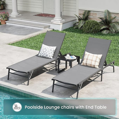 Amopatio Foldable Patio Lounge Chairs Outdoor Portable Pool Chaise Lounge Set of 2 with Side Table for Outside, Weather Resistant, 5-Position Adjustable Backrest, 400 LBS Capacity,Gray