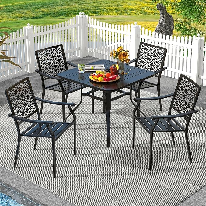 Tangkula 37” Outdoor Dining Table for 4, Square Patio Bistro Dining Table with 1.57” Umbrella Hole and Metal Frame, Outdoor Patio Table for Balcony, Garden and Backyard