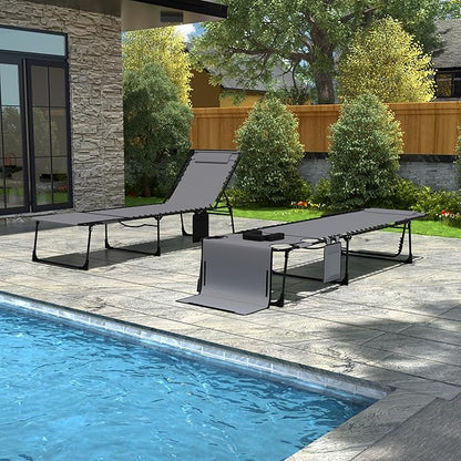 Foldable Outdoor Chaise Lounge Chair with Face & Arm Hole, Portable Tanning Chair with 5-Position Adjustable Back, Detachable Pillow and Pocket for Patio, Beach and Pool, Gray