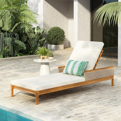 Christopher Knight Home Kanmy 76.8'' Acacia Wood Chaise Lounge Outdoor with Cushion, Patio Recliner Chair with 4-Position Adjustable Backrest, Sun Lounger with Wicker Accent, Beige+Light Grey+Natural