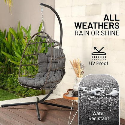 SereneLife Egg Chair with Stand – Hanging Rattan Wicker Swing for Indoor Outdoor Use – 350 lbs Capacity, Breathable Cushion & Headrest – Patio, Balcony, Porch, Bedroom Lounge Furniture