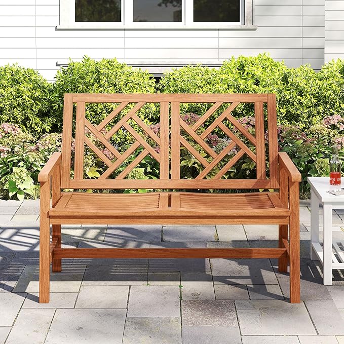 Tangkula Outdoor Wood Bench, 2-Person Patio Loveseat Chair with Geometric Backrest, Built-in Armrests & Slatted Seat, 660 lbs Weight Capacity, Garden Bench for Porch, Backyard & Poolside