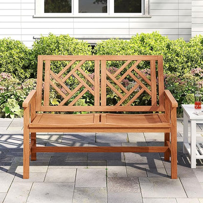 Tangkula Outdoor Wood Bench, 2-Person Patio Loveseat Chair with Geometric Backrest, Built-in Armrests & Slatted Seat, 660 lbs Weight Capacity, Garden Bench for Porch, Backyard & Poolside