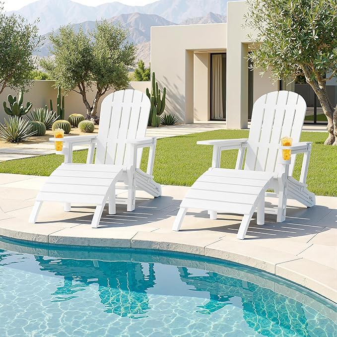 JY QAQA Outdoor Adirondack Chair Set of 2 with Detachable Table & Ottoman, All-Weather HDPE Patio Furniture with Wood Texture & Cup Holder for Patio, Poolside, Garden, White