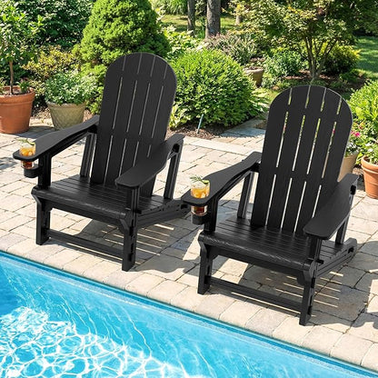 Shintenchi Adirondack Chairs Set of 2,HDPE Adirondack Chairs w/Removable Tablelop & Umbrella Hole,All-Weather Wooden Textured Plastic Outdoor Chairs w/Cup Holders for Garden Backyard Pool,Black
