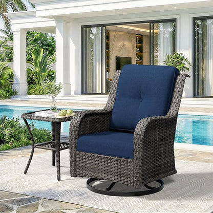 2 Pieces Outdoor Swivel Rocker Patio Chairs Set - Outdoor Wicker Patio Furniture Sets with 1 Side Table, Olefin Fabric Cushions Suitable for Backyard Deck and Porch, Blue