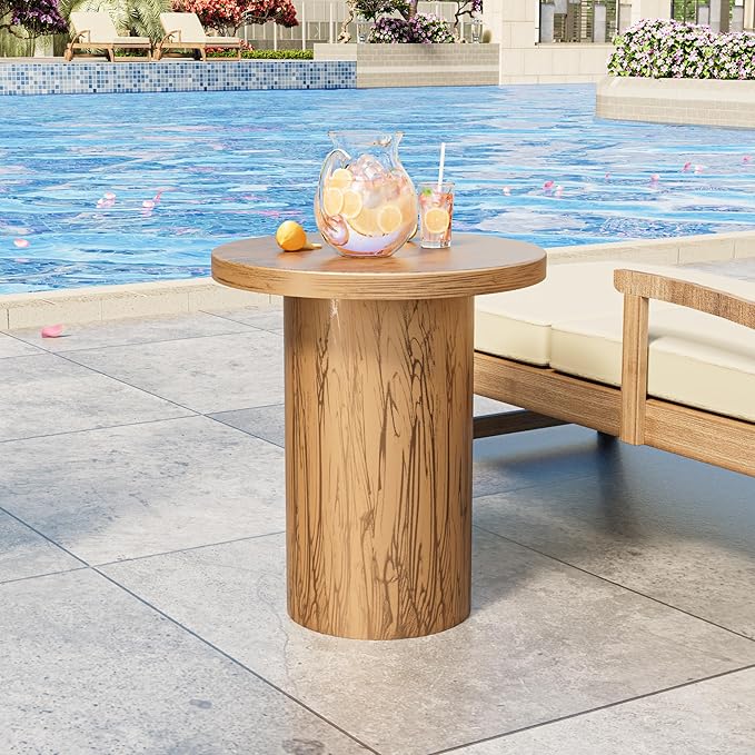 Metal Small Patio Table, Round Outdoor Side Table, Wood Color Outdoor Accent End Table, Patio Furniture, for Garden, Pool, Yard, Balcony, Living Room, Deck, Weather Resistant, No Assembly