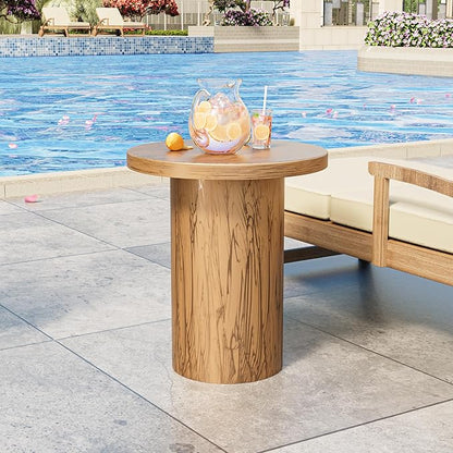 Metal Small Patio Table, Round Outdoor Side Table, Wood Color Outdoor Accent End Table, Patio Furniture, for Garden, Pool, Yard, Balcony, Living Room, Deck, Weather Resistant, No Assembly