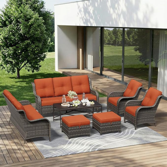 7 Piece Outdoor Wicker Patio Furniture Set, Patio Chairs Set with Thickened Olefin Cushions, High Back and Deep Seating, Hand-Woven PE Rattan, Ottoman for Porch, Deck