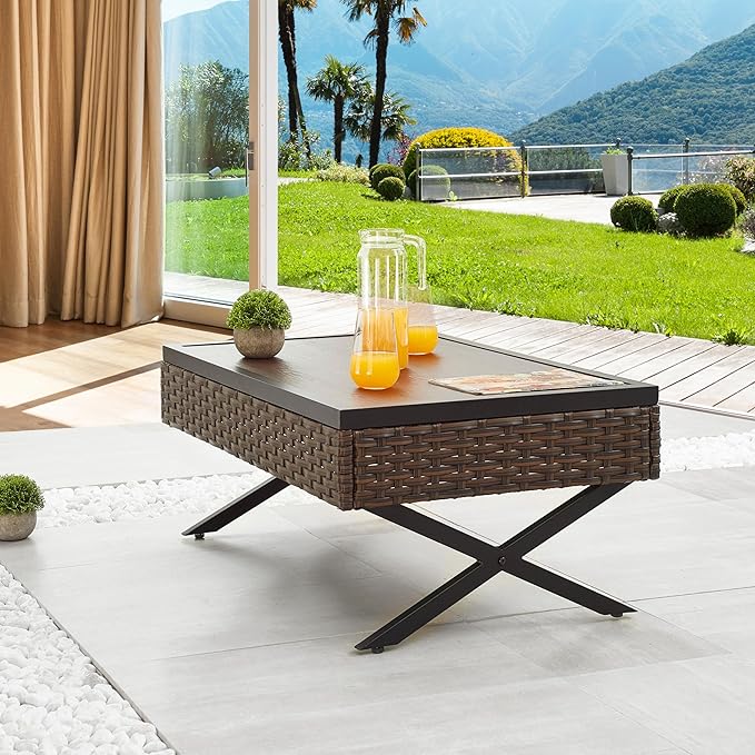 LOKATSE Home Outdoor Side Wicker Table Patio Rattan Bistro Furniture Metal Frame End Coffee Tables with X Shaped Steel Legs & Wood Grain Desktop