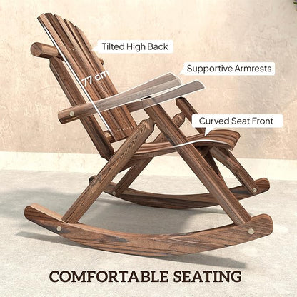 Outsunny Outdoor Wooden Rocking Chair, Single-Person Adirondack Rocking Patio Chair with Rustic High Back, Slatted Seat and Backrest for Indoor, Backyard, Garden, Carbonized