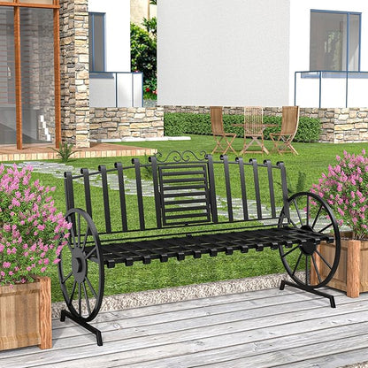 Outdoor Bench Patio Outdoor Garden Bench with Built-in Table, Wagon Wheel Arms, 3 People Outdoor Bench Garden Bench Front Porch Furniture (Black)