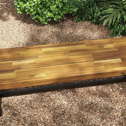 Wooden Outdoor Garden Bench, Park Bench with Acacia Wood Seat, Front Porch Bench with Metal Frame for Conservatory, Poolside, Deck, 63" x 14.25" x 18", Natural
