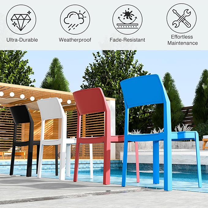 VECELO 4 Pack Stackable Dining Chairs, Plastic Patio Chairs for Indoor Outdoor Use in Kitchen, Poolside, No Assembly, Modern Red
