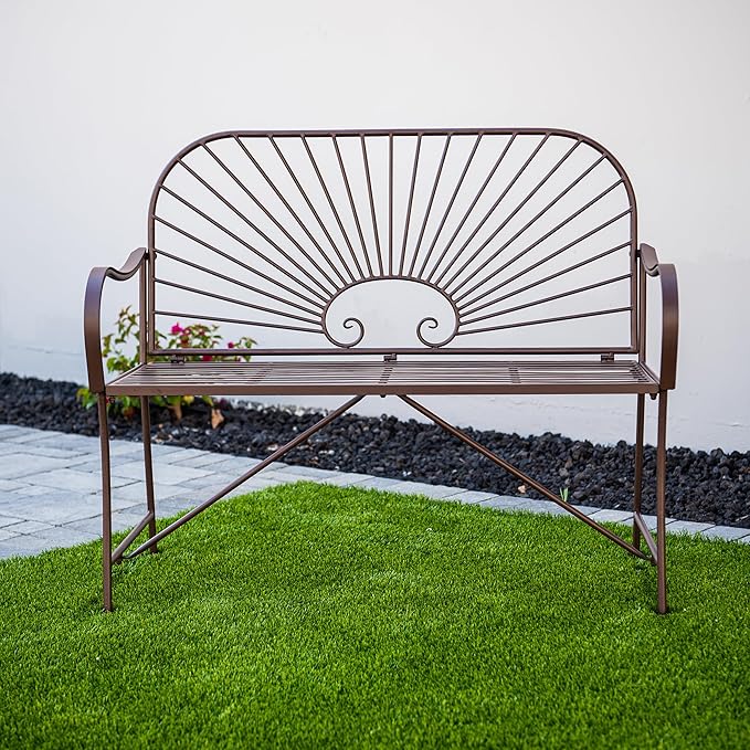 XBrand 44" L Iron Sun-Patterned Seat for Two, Patio & Porch Furniture for Park, Yard, Lawn, Balcony, Backyard – Brown - Photo 2