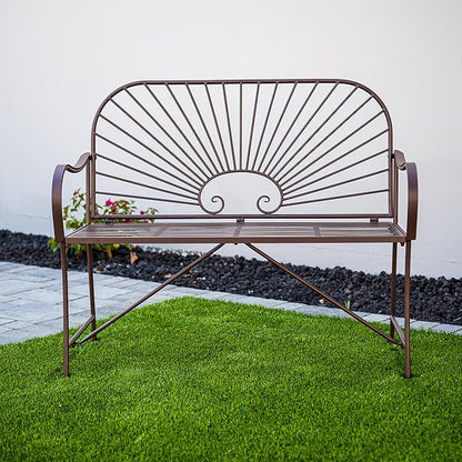 XBrand 44" L Iron Sun-Patterned Seat for Two, Patio & Porch Furniture for Park, Yard, Lawn, Balcony, Backyard – Brown