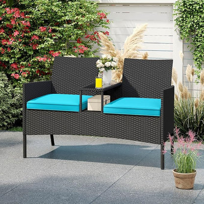 Tangkula Patio Loveseat with Built-in Table, Wicker 2-Seat Furniture with Soft Cushions & Tempered Glass Tabletop, Metal Frame Outdoor Conversation Seating Bench for Backyard, Porch